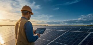 ai generované, obnovitelná energie, solární panely, zelená technika, inženýr, udržitelnost, solární farma, čistá energie, technik, řešení pro změnu klimatu, solární energie, venkov